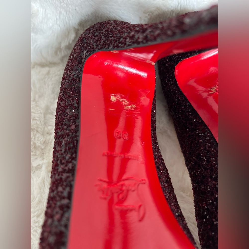 Christian Louboutin Very Prive 120 Burgundy Glitter Peep Toe Heels Size 38 US 8 - Picture 13 of 17